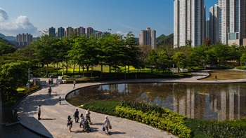 The curvy boundary of the Artificial Lake extends upon the oval shaped dome and forms meandering pathways for visitors to explore the park.